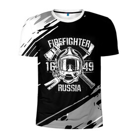 Мужская футболка 3D спортивная с принтом FIREFIGHTER 1649 RUSSIA в Тюмени, 100% полиэстер с улучшенными характеристиками | приталенный силуэт, круглая горловина, широкие плечи, сужается к линии бедра | 112 | 27 декабря | firefighter | багор | белая | герб | гкчс | знак | лого | логотип | маска | мчс | мчсник | пожарная охрана | пожарник | пожарный | пч | россии | рф | серая | символ | служба | состаренная