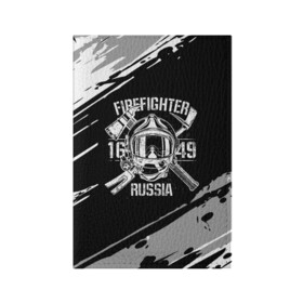Обложка для паспорта матовая кожа с принтом FIREFIGHTER 1649 RUSSIA в Тюмени, натуральная матовая кожа | размер 19,3 х 13,7 см; прозрачные пластиковые крепления | 112 | 27 декабря | firefighter | багор | белая | герб | гкчс | знак | лого | логотип | маска | мчс | мчсник | пожарная охрана | пожарник | пожарный | пч | россии | рф | серая | символ | служба | состаренная