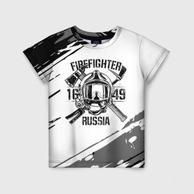 Детская футболка 3D с принтом FIREFIGHTER 1649 RUSSIA в Тюмени, 100% гипоаллергенный полиэфир | прямой крой, круглый вырез горловины, длина до линии бедер, чуть спущенное плечо, ткань немного тянется | 112 | 27 декабря | firefighter | багор | белая | герб | гкчс | знак | лого | логотип | маска | мчс | мчсник | пожарная охрана | пожарник | пожарный | пч | россии | рф | серая | символ | служба | состаренная