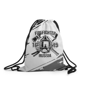 Рюкзак-мешок 3D с принтом FIREFIGHTER 1649 RUSSIA в Тюмени, 100% полиэстер | плотность ткани — 200 г/м2, размер — 35 х 45 см; лямки — толстые шнурки, застежка на шнуровке, без карманов и подкладки | 112 | 27 декабря | firefighter | багор | белая | герб | гкчс | знак | лого | логотип | маска | мчс | мчсник | пожарная охрана | пожарник | пожарный | пч | россии | рф | серая | символ | служба | состаренная