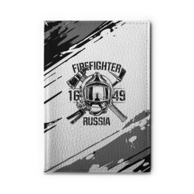 Обложка для автодокументов с принтом FIREFIGHTER 1649 RUSSIA в Тюмени, натуральная кожа |  размер 19,9*13 см; внутри 4 больших “конверта” для документов и один маленький отдел — туда идеально встанут права | Тематика изображения на принте: 112 | 27 декабря | firefighter | багор | белая | герб | гкчс | знак | лого | логотип | маска | мчс | мчсник | пожарная охрана | пожарник | пожарный | пч | россии | рф | серая | символ | служба | состаренная