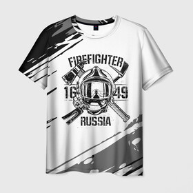 Мужская футболка 3D с принтом FIREFIGHTER 1649 RUSSIA в Тюмени, 100% полиэфир | прямой крой, круглый вырез горловины, длина до линии бедер | 112 | 27 декабря | firefighter | багор | белая | герб | гкчс | знак | лого | логотип | маска | мчс | мчсник | пожарная охрана | пожарник | пожарный | пч | россии | рф | серая | символ | служба | состаренная