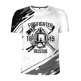 Мужская футболка 3D спортивная с принтом FIREFIGHTER 1649 RUSSIA в Тюмени, 100% полиэстер с улучшенными характеристиками | приталенный силуэт, круглая горловина, широкие плечи, сужается к линии бедра | Тематика изображения на принте: 112 | 27 декабря | firefighter | багор | белая | герб | гкчс | знак | лого | логотип | маска | мчс | мчсник | пожарная охрана | пожарник | пожарный | пч | россии | рф | серая | символ | служба | состаренная