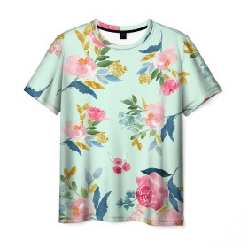 Мужская футболка 3D с принтом Цветы в Тюмени, 100% полиэфир | прямой крой, круглый вырез горловины, длина до линии бедер | 2020 | summer | желтый | зеленый | летний принт | лето | розовые цветы | розовый | цветочки | цветы