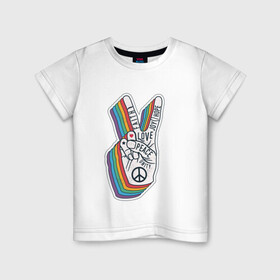 Детская футболка хлопок с принтом PEACE LOVE HOPE (Z) в Тюмени, 100% хлопок | круглый вырез горловины, полуприлегающий силуэт, длина до линии бедер | Тематика изображения на принте: hope | love | peace | два пальца | жесть | знак | любить | любовь | мир | радуга | хипи | хиппи
