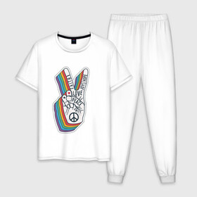 Мужская пижама хлопок с принтом PEACE LOVE HOPE (Z) в Тюмени, 100% хлопок | брюки и футболка прямого кроя, без карманов, на брюках мягкая резинка на поясе и по низу штанин
 | hope | love | peace | два пальца | жесть | знак | любить | любовь | мир | радуга | хипи | хиппи