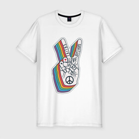 Мужская футболка хлопок Slim с принтом PEACE LOVE HOPE (Z) в Тюмени, 92% хлопок, 8% лайкра | приталенный силуэт, круглый вырез ворота, длина до линии бедра, короткий рукав | hope | love | peace | два пальца | жесть | знак | любить | любовь | мир | радуга | хипи | хиппи