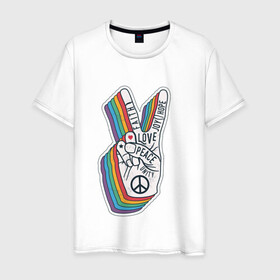 Мужская футболка хлопок с принтом PEACE LOVE HOPE (Z) в Тюмени, 100% хлопок | прямой крой, круглый вырез горловины, длина до линии бедер, слегка спущенное плечо. | Тематика изображения на принте: hope | love | peace | два пальца | жесть | знак | любить | любовь | мир | радуга | хипи | хиппи