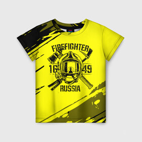 Детская футболка 3D с принтом FIREFIGHTER 1649 RUSSIA в Тюмени, 100% гипоаллергенный полиэфир | прямой крой, круглый вырез горловины, длина до линии бедер, чуть спущенное плечо, ткань немного тянется | Тематика изображения на принте: 112 | firefighter | багор | герб | гкчс | желтая | знак | лого | логотип | мчс | мчсник | пожарная охрана | пожарник | пожарный | пч | россии | рф | серая | символ | служба | спасатель | спасения | топор | флаг