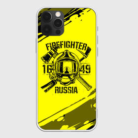 Чехол для iPhone 12 Pro с принтом FIREFIGHTER 1649 RUSSIA в Тюмени, силикон | область печати: задняя сторона чехла, без боковых панелей | 112 | firefighter | багор | герб | гкчс | желтая | знак | лого | логотип | мчс | мчсник | пожарная охрана | пожарник | пожарный | пч | россии | рф | серая | символ | служба | спасатель | спасения | топор | флаг