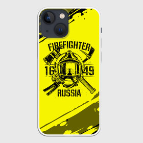 Чехол для iPhone 13 mini с принтом FIREFIGHTER 1649 RUSSIA в Тюмени,  |  | 112 | firefighter | багор | герб | гкчс | желтая | знак | лого | логотип | мчс | мчсник | пожарная охрана | пожарник | пожарный | пч | россии | рф | серая | символ | служба | спасатель | спасения | топор | флаг