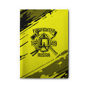 Обложка для автодокументов с принтом FIREFIGHTER 1649 RUSSIA в Тюмени, натуральная кожа |  размер 19,9*13 см; внутри 4 больших “конверта” для документов и один маленький отдел — туда идеально встанут права | Тематика изображения на принте: 112 | firefighter | багор | герб | гкчс | желтая | знак | лого | логотип | мчс | мчсник | пожарная охрана | пожарник | пожарный | пч | россии | рф | серая | символ | служба | спасатель | спасения | топор | флаг