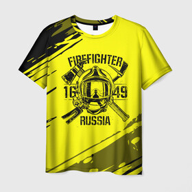 Мужская футболка 3D с принтом FIREFIGHTER 1649 RUSSIA в Тюмени, 100% полиэфир | прямой крой, круглый вырез горловины, длина до линии бедер | 112 | firefighter | багор | герб | гкчс | желтая | знак | лого | логотип | мчс | мчсник | пожарная охрана | пожарник | пожарный | пч | россии | рф | серая | символ | служба | спасатель | спасения | топор | флаг