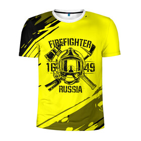 Мужская футболка 3D спортивная с принтом FIREFIGHTER 1649 RUSSIA в Тюмени, 100% полиэстер с улучшенными характеристиками | приталенный силуэт, круглая горловина, широкие плечи, сужается к линии бедра | 112 | firefighter | багор | герб | гкчс | желтая | знак | лого | логотип | мчс | мчсник | пожарная охрана | пожарник | пожарный | пч | россии | рф | серая | символ | служба | спасатель | спасения | топор | флаг