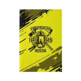 Обложка для паспорта матовая кожа с принтом FIREFIGHTER 1649 RUSSIA в Тюмени, натуральная матовая кожа | размер 19,3 х 13,7 см; прозрачные пластиковые крепления | Тематика изображения на принте: 112 | firefighter | багор | герб | гкчс | желтая | знак | лого | логотип | мчс | мчсник | пожарная охрана | пожарник | пожарный | пч | россии | рф | серая | символ | служба | спасатель | спасения | топор | флаг