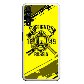 Чехол для Honor 20 с принтом FIREFIGHTER 1649 RUSSIA в Тюмени, Силикон | Область печати: задняя сторона чехла, без боковых панелей | Тематика изображения на принте: 112 | firefighter | багор | герб | гкчс | желтая | знак | лого | логотип | мчс | мчсник | пожарная охрана | пожарник | пожарный | пч | россии | рф | серая | символ | служба | спасатель | спасения | топор | флаг