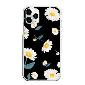 Чехол для iPhone 11 Pro матовый с принтом Ромашки в Тюмени, Силикон |  | белый | для девушек | желтый | летний принт | листочки цветов | ромашка | ромашки | цветочки | цветы | черный фон