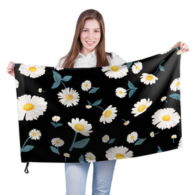 Флаг 3D с принтом Ромашки в Тюмени, 100% полиэстер | плотность ткани — 95 г/м2, размер — 67 х 109 см. Принт наносится с одной стороны | белый | для девушек | желтый | летний принт | листочки цветов | ромашка | ромашки | цветочки | цветы | черный фон