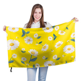 Флаг 3D с принтом Ромашки в Тюмени, 100% полиэстер | плотность ткани — 95 г/м2, размер — 67 х 109 см. Принт наносится с одной стороны | белый | для девушек | желтый | желтый фон | летний принт | листочки цветов | ромашка | ромашки | цветочки | цветы