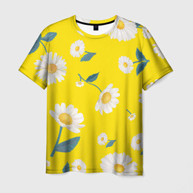 Мужская футболка 3D с принтом Ромашки в Тюмени, 100% полиэфир | прямой крой, круглый вырез горловины, длина до линии бедер | белый | для девушек | желтый | желтый фон | летний принт | листочки цветов | ромашка | ромашки | цветочки | цветы