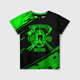 Детская футболка 3D с принтом FIREFIGHTER 1649 RUSSIA в Тюмени, 100% гипоаллергенный полиэфир | прямой крой, круглый вырез горловины, длина до линии бедер, чуть спущенное плечо, ткань немного тянется | 112 | firefighter | багор | герб | гкчс | зеленая | знак | лого | логотип | мчс | мчсник | пожарная охрана | пожарник | пожарный | пч | россии | рф | серая | символ | служба | спасатель | спасения | топор | флаг