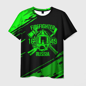 Мужская футболка 3D с принтом FIREFIGHTER 1649 RUSSIA в Тюмени, 100% полиэфир | прямой крой, круглый вырез горловины, длина до линии бедер | 112 | firefighter | багор | герб | гкчс | зеленая | знак | лого | логотип | мчс | мчсник | пожарная охрана | пожарник | пожарный | пч | россии | рф | серая | символ | служба | спасатель | спасения | топор | флаг