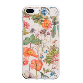Чехол для iPhone 7Plus/8 Plus матовый с принтом Цветы в Тюмени, Силикон | Область печати: задняя сторона чехла, без боковых панелей | 2020 | бабочки | летний принт | лето | листья | повседневный принт | цветной принт | цветы | ягоды