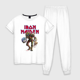 Женская пижама хлопок с принтом Iron Maiden в Тюмени, 100% хлопок | брюки и футболка прямого кроя, без карманов, на брюках мягкая резинка на поясе и по низу штанин | iron maiden | metall | rock | skull | адриан смит | айрон мейден | британия | брюс дикинсон | группа | дэйв мюррей | железная дева | ирон майден | метал | мрачный | музыка | нико макбрэйн | песни | рок | стив харрис