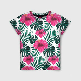 Детская футболка 3D с принтом Гавайский гибискус в Тюмени, 100% гипоаллергенный полиэфир | прямой крой, круглый вырез горловины, длина до линии бедер, чуть спущенное плечо, ткань немного тянется | flower | hawaii | hibiscus | palms | summer | sun | ботаника | гаваи | гавайи | гавайка | гавайская | гибискус | красочная | летняя | лето | листья | отдых | отпуск | пальма | пальмы | пляж | растения | символ