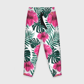 Детские брюки 3D с принтом Гавайский гибискус в Тюмени, 100% полиэстер | манжеты по низу, эластичный пояс регулируется шнурком, по бокам два кармана без застежек, внутренняя часть кармана из мелкой сетки | flower | hawaii | hibiscus | palms | summer | sun | ботаника | гаваи | гавайи | гавайка | гавайская | гибискус | красочная | летняя | лето | листья | отдых | отпуск | пальма | пальмы | пляж | растения | символ