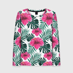 Женский лонгслив 3D с принтом Гавайский гибискус в Тюмени, 100% полиэстер | длинные рукава, круглый вырез горловины, полуприлегающий силуэт | flower | hawaii | hibiscus | palms | summer | sun | ботаника | гаваи | гавайи | гавайка | гавайская | гибискус | красочная | летняя | лето | листья | отдых | отпуск | пальма | пальмы | пляж | растения | символ
