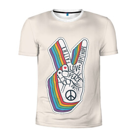 Мужская футболка 3D спортивная с принтом PEACE and LOVE (Z) в Тюмени, 100% полиэстер с улучшенными характеристиками | приталенный силуэт, круглая горловина, широкие плечи, сужается к линии бедра | hope | love | peace | два пальца | жесть | знак | любить | любовь | мир | радуга | хипи | хиппи