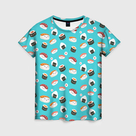 Женская футболка 3D с принтом Sushi в Тюмени, 100% полиэфир ( синтетическое хлопкоподобное полотно) | прямой крой, круглый вырез горловины, длина до линии бедер | sushi | еда | онигири | роллы | суши | япония