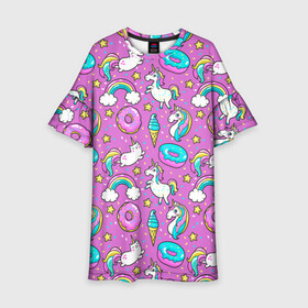 Детское платье 3D с принтом Pink unicorn в Тюмени, 100% полиэстер | прямой силуэт, чуть расширенный к низу. Круглая горловина, на рукавах — воланы | Тематика изображения на принте: cat | donuts | pink | unicorn | единорог | котики | пончики | розовый