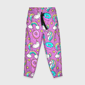 Детские брюки 3D с принтом Pink unicorn в Тюмени, 100% полиэстер | манжеты по низу, эластичный пояс регулируется шнурком, по бокам два кармана без застежек, внутренняя часть кармана из мелкой сетки | cat | donuts | pink | unicorn | единорог | котики | пончики | розовый