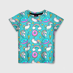 Детская футболка 3D с принтом Turquoise unicorn в Тюмени, 100% гипоаллергенный полиэфир | прямой крой, круглый вырез горловины, длина до линии бедер, чуть спущенное плечо, ткань немного тянется | Тематика изображения на принте: cat | donuts | turquoise | unicorn | бирюзовый | единорог | котики | пончики