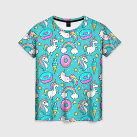 Женская футболка 3D с принтом Turquoise unicorn в Тюмени, 100% полиэфир ( синтетическое хлопкоподобное полотно) | прямой крой, круглый вырез горловины, длина до линии бедер | cat | donuts | turquoise | unicorn | бирюзовый | единорог | котики | пончики
