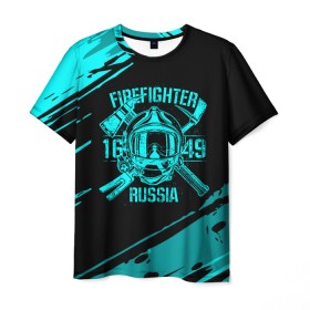 Мужская футболка 3D с принтом FIREFIGHTER 1649 RUSSIA в Тюмени, 100% полиэфир | прямой крой, круглый вырез горловины, длина до линии бедер | 112 | firefighter | багор | бирюзовая | герб | гкчс | голубая | знак | лого | логотип | мчс | мчсник | пожарная охрана | пожарник | пожарный | пч | россии | рф | серая | символ | синяя | служба | спасатель