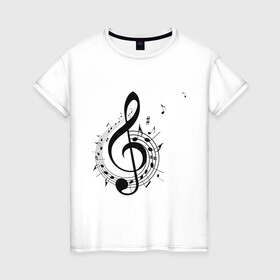 Женская футболка хлопок с принтом Скрипичный ключ ноты по кругу  в Тюмени, 100% хлопок | прямой крой, круглый вырез горловины, длина до линии бедер, слегка спущенное плечо | арт | звук | клавиши | музыка | музыкант | нотный стан | ноты | по кругу | символ | скрипичный ключ | схема | фортепиано