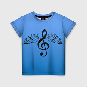 Детская футболка 3D с принтом Скрипичный ключ и крылья ноты в Тюмени, 100% гипоаллергенный полиэфир | прямой крой, круглый вырез горловины, длина до линии бедер, чуть спущенное плечо, ткань немного тянется | арт | звук | крыло | крылья | музыка | музыкант | ноты | символ | скрипичный ключ | фортепиано