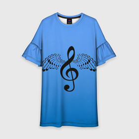 Детское платье 3D с принтом Скрипичный ключ и крылья ноты в Тюмени, 100% полиэстер | прямой силуэт, чуть расширенный к низу. Круглая горловина, на рукавах — воланы | арт | звук | крыло | крылья | музыка | музыкант | ноты | символ | скрипичный ключ | фортепиано