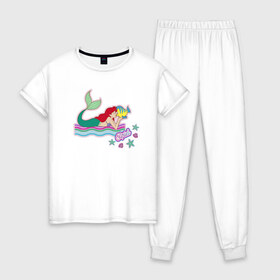 Женская пижама хлопок с принтом The Little Mermaid Ariel в Тюмени, 100% хлопок | брюки и футболка прямого кроя, без карманов, на брюках мягкая резинка на поясе и по низу штанин | ariel | disney princess | the little mermaid | vdkimel | ариэль | русалочка