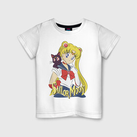 Детская футболка хлопок с принтом Sailor Moon & Luna в Тюмени, 100% хлопок | круглый вырез горловины, полуприлегающий силуэт, длина до линии бедер | Тематика изображения на принте: cat | girl | kitty | luna | moon | sailor moon | sailormoon | девочка | кот | котик | котэ | кошка | луна | мультяшка | сейлормун | сэйлор мун