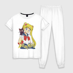 Женская пижама хлопок с принтом Sailor Moon & Luna в Тюмени, 100% хлопок | брюки и футболка прямого кроя, без карманов, на брюках мягкая резинка на поясе и по низу штанин | Тематика изображения на принте: cat | girl | kitty | luna | moon | sailor moon | sailormoon | девочка | кот | котик | котэ | кошка | луна | мультяшка | сейлормун | сэйлор мун