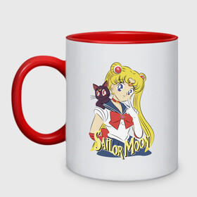 Кружка двухцветная с принтом Sailor Moon & Luna в Тюмени, керамика | объем — 330 мл, диаметр — 80 мм. Цветная ручка и кайма сверху, в некоторых цветах — вся внутренняя часть | Тематика изображения на принте: cat | girl | kitty | luna | moon | sailor moon | sailormoon | девочка | кот | котик | котэ | кошка | луна | мультяшка | сейлормун | сэйлор мун