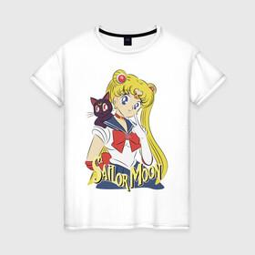 Женская футболка хлопок с принтом Sailor Moon & Luna в Тюмени, 100% хлопок | прямой крой, круглый вырез горловины, длина до линии бедер, слегка спущенное плечо | Тематика изображения на принте: cat | girl | kitty | luna | moon | sailor moon | sailormoon | девочка | кот | котик | котэ | кошка | луна | мультяшка | сейлормун | сэйлор мун