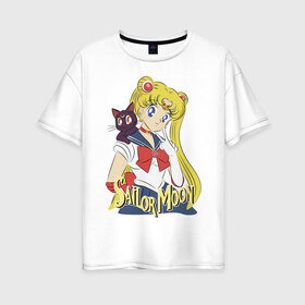 Женская футболка хлопок Oversize с принтом Sailor Moon & Luna в Тюмени, 100% хлопок | свободный крой, круглый ворот, спущенный рукав, длина до линии бедер
 | Тематика изображения на принте: cat | girl | kitty | luna | moon | sailor moon | sailormoon | девочка | кот | котик | котэ | кошка | луна | мультяшка | сейлормун | сэйлор мун