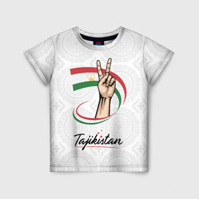 Детская футболка 3D с принтом Таджикистан в Тюмени, 100% гипоаллергенный полиэфир | прямой крой, круглый вырез горловины, длина до линии бедер, чуть спущенное плечо, ткань немного тянется | asia | crown | emblem | flag | gesture | hand | republic | sign | stars | state | tajikistan | victory | азия | государство | жест | звезды | знак | корона | победа | республика | рука | таджикистан | флаг | эмблема