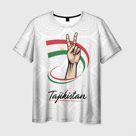Мужская футболка 3D с принтом Таджикистан в Тюмени, 100% полиэфир | прямой крой, круглый вырез горловины, длина до линии бедер | Тематика изображения на принте: asia | crown | emblem | flag | gesture | hand | republic | sign | stars | state | tajikistan | victory | азия | государство | жест | звезды | знак | корона | победа | республика | рука | таджикистан | флаг | эмблема