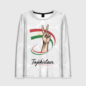 Женский лонгслив 3D с принтом Таджикистан в Тюмени, 100% полиэстер | длинные рукава, круглый вырез горловины, полуприлегающий силуэт | asia | crown | emblem | flag | gesture | hand | republic | sign | stars | state | tajikistan | victory | азия | государство | жест | звезды | знак | корона | победа | республика | рука | таджикистан | флаг | эмблема